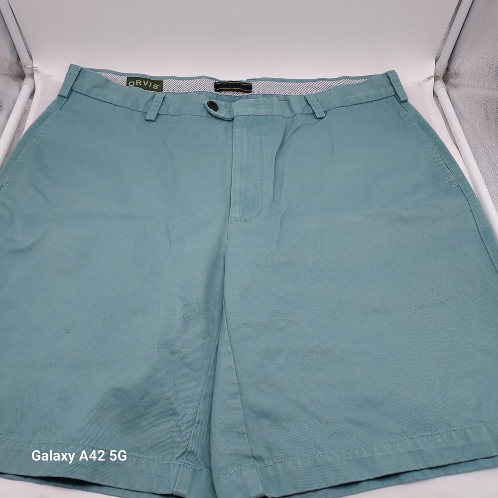 Orvis Mens Pima Cotton Flat Front Chino Shorts Blue Teal Size 38 0P8L‎
